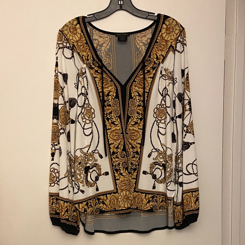 Eva Varro White, Black and Gold Patterned Blouse